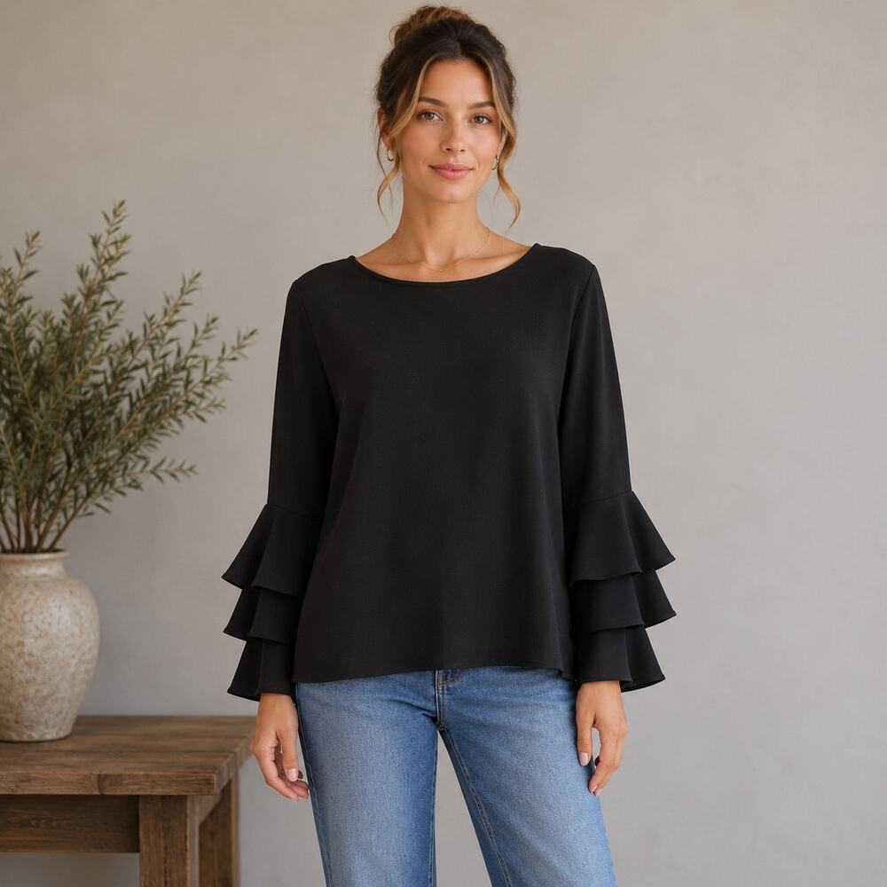 J Crew Black Flared Sleeve Pop Over  Top Blouse  14